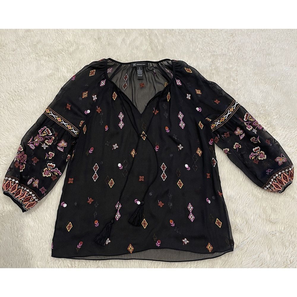 INC International Concepts Blouse‎ Women Small Floral Embroidery Tassel Tie Mesh